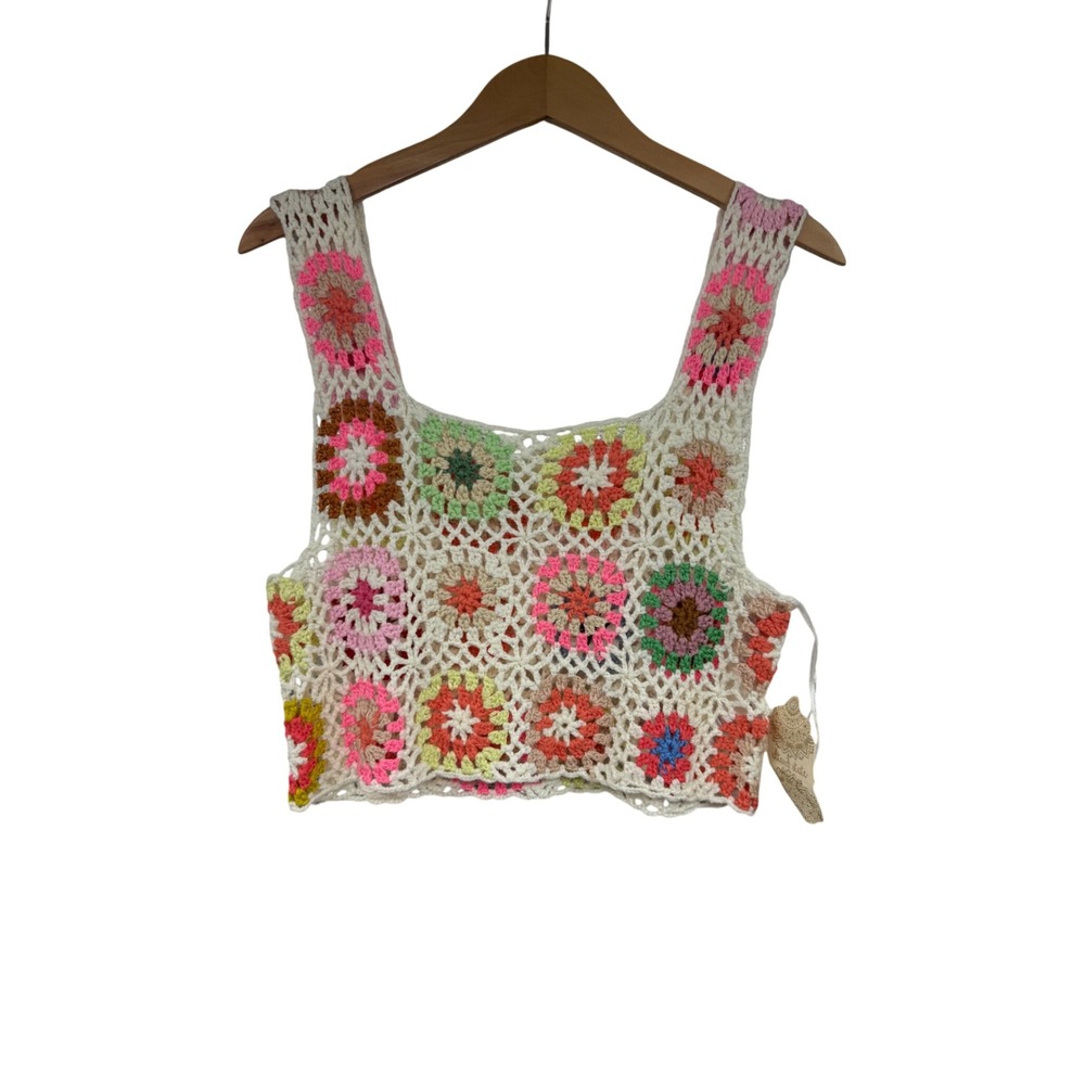 Altar'd State Granny Square Crochet Crop Top Off White Boho Festival Tank OS NWT